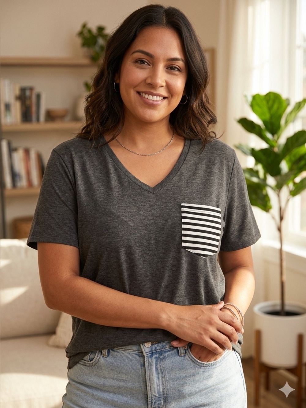 Grey V Neck Pocketed Tee